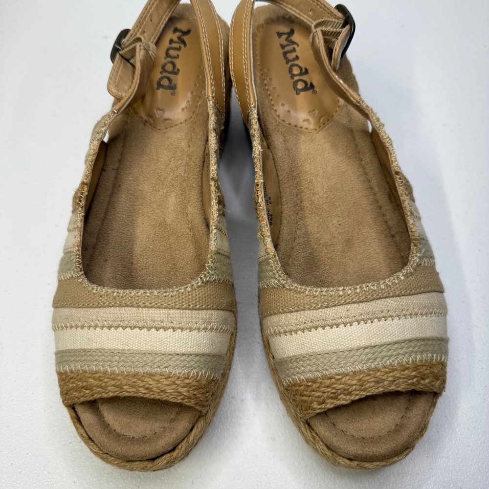 Mudd Eurich Tan Beige Striped Jute Espadrille Wedge Sandals Womens 8M Peep Toe‎